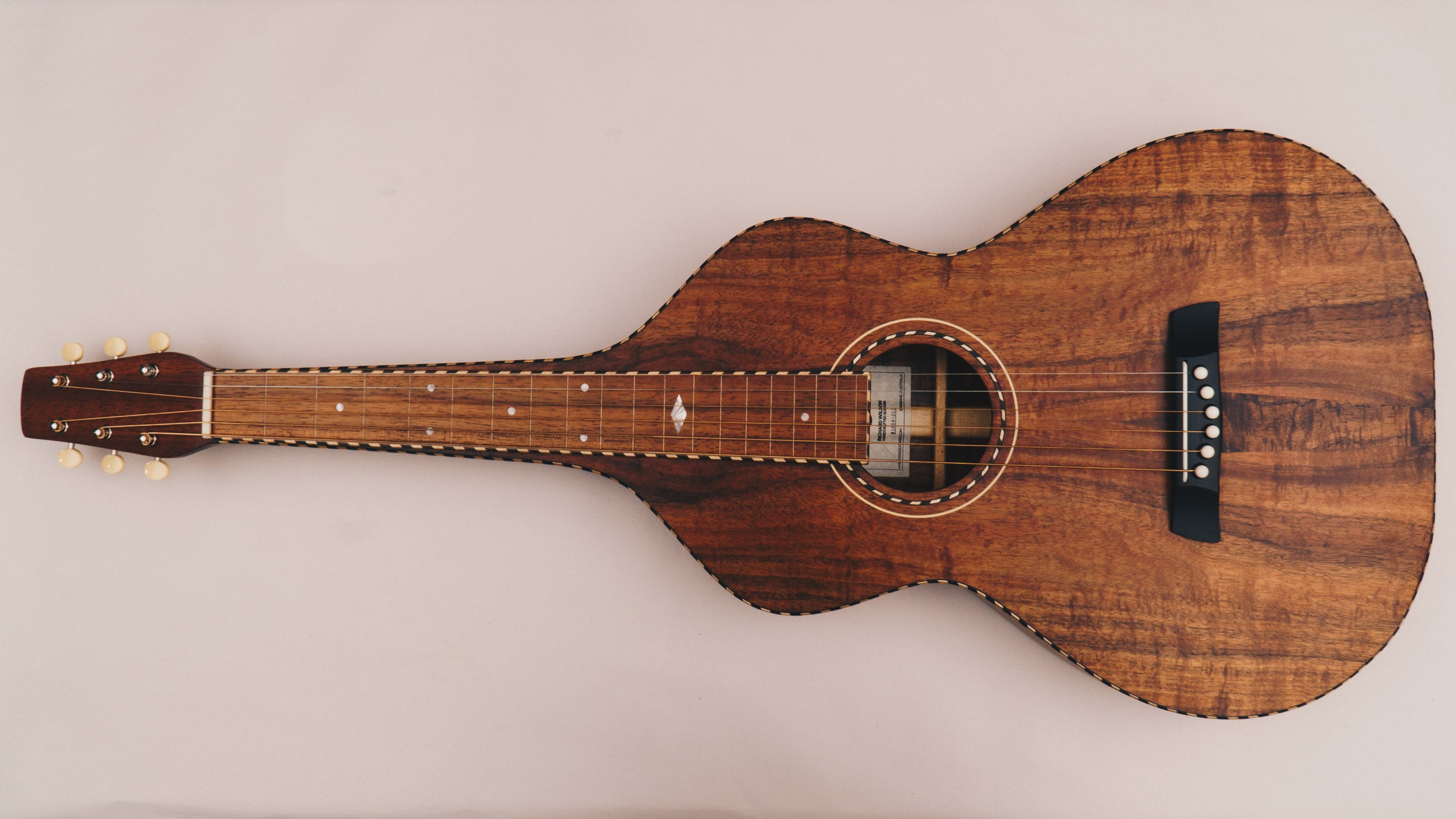 Hawaiian Koa Style 3 Weissenborn Acoustic Lap Steel Slide Guitar by master luthier Richard Wilson. Handcrafted in Australia. Serial no. RW1804-213.
