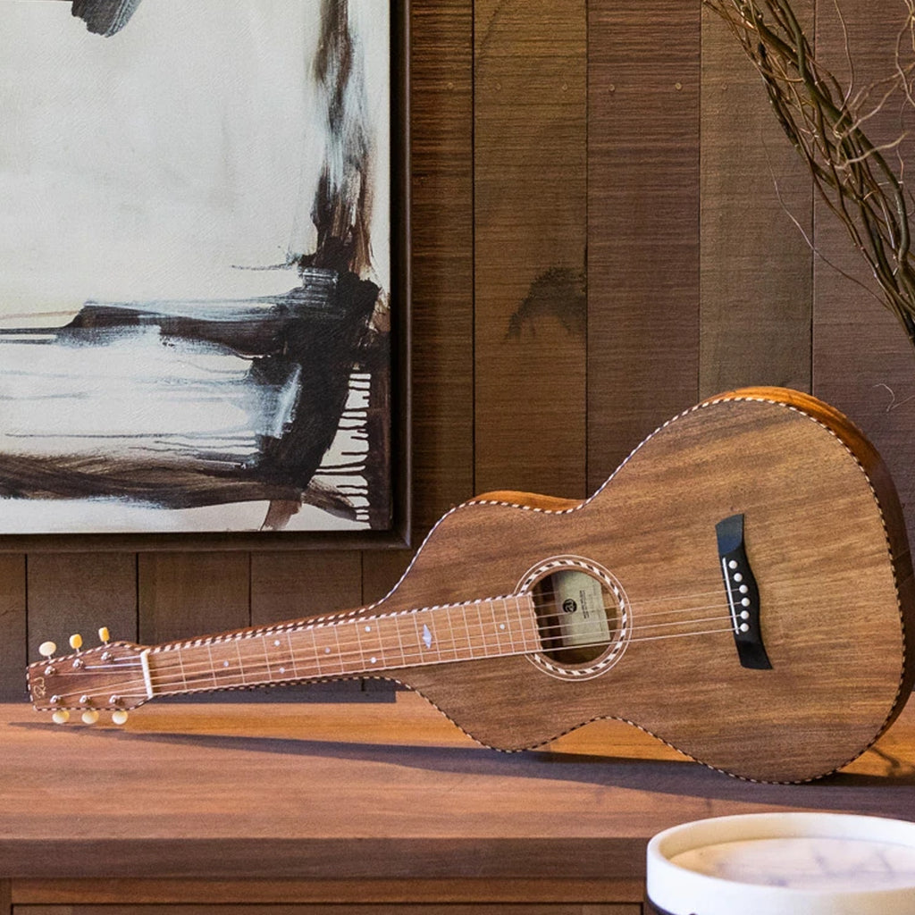 Style 4 Weissenborn Guitar in front of a modern painting and timber wall