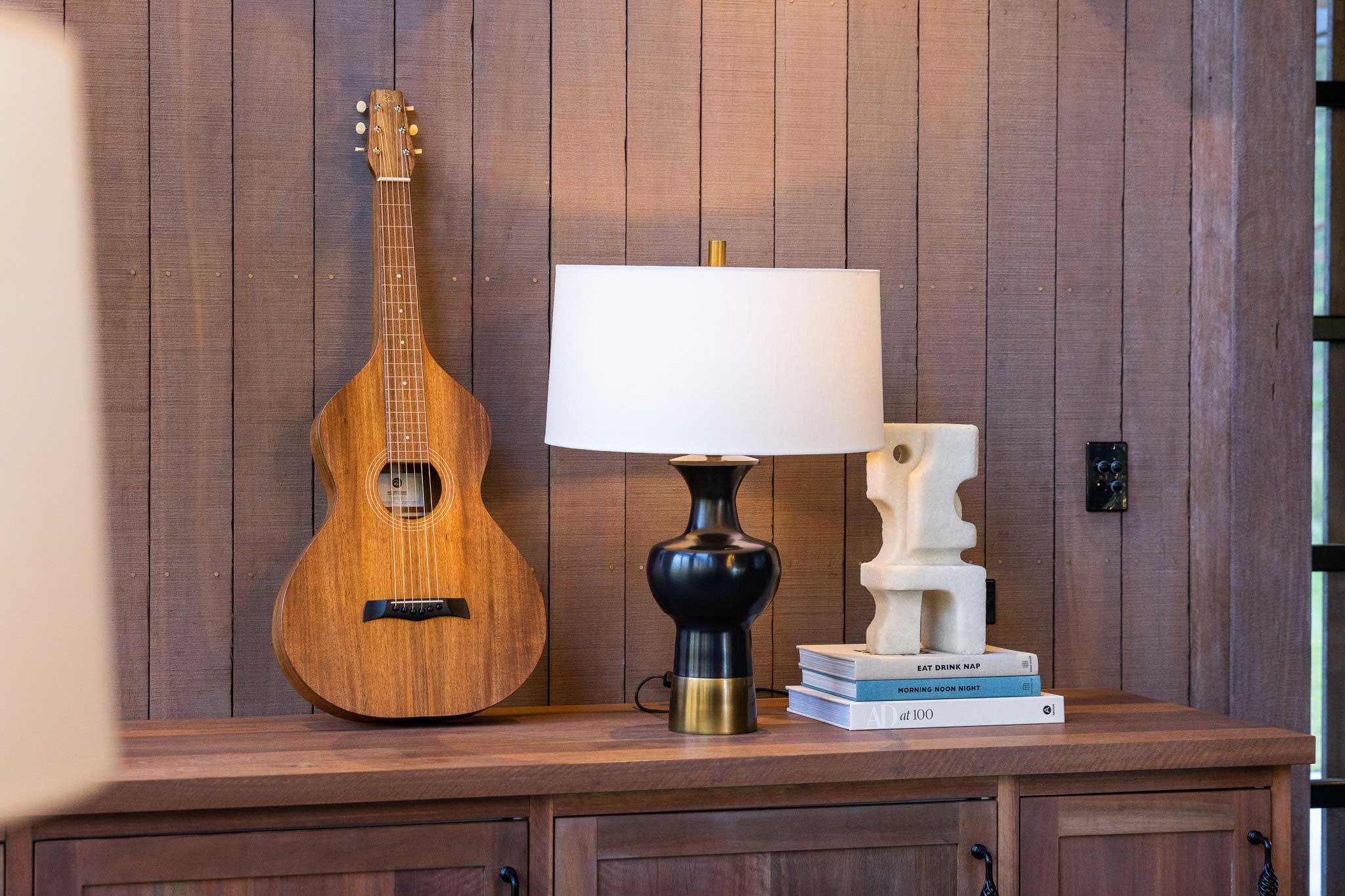 Style 1 Weissenborn Lap Steel Slide Guitar styled in modern country home on shelf used as art without a stand