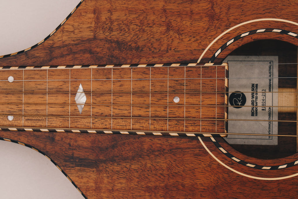 Hawaiian Koa Style 3 Weissenborn Acoustic Lap Steel Slide Guitar by master luthier Richard Wilson. Handcrafted in Australia. Serial no. RW1804-213.